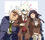  1girl 2boys :&gt; anger_vein annoyed bandaged_leg bandages bangs blush breasts brown_hair brown_pants collared_shirt danganronpa_(series) danganronpa_3_(anime) dosugon fat fat_man green_vest hope&#039;s_peak_academy_school_uniform komaeda_nagito large_breasts leaning_on_person long_hair long_sleeves messy_hair miniskirt mole mole_under_eye multicolored_hair multiple_boys neck_ribbon necktie no_pupils pants red_necktie red_ribbon red_vest ribbon saliva school_uniform shiny shiny_skin shirt sitting skirt sleeping sleeping_upright sweat translation_request tsumiki_mikan two-tone_hair vest white_hair 