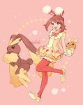  1girl :d alternate_color bangs bow_hairband brown_hair choker commentary egg hairband happy holding holding_egg lopunny may_(pokemon) medium_hair miyaulait official_alternate_costume open_mouth pantyhose pink_background pokemon pokemon_(creature) pokemon_(game) pokemon_masters_ex red_hairband red_legwear shirt shoes short_sleeves signature skirt smile sparkle teeth tongue torchic upper_teeth watermark wrist_cuffs yellow_choker yellow_footwear yellow_shirt yellow_skirt 