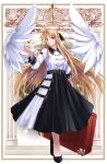  1girl bangs black_bow black_footwear black_skirt blonde_hair bow closed_mouth eyebrows_visible_through_hair fate_testarossa feathered_wings floating_hair framed full_body hair_bow high-waist_skirt highres long_hair long_skirt long_sleeves looking_at_viewer lyrical_nanoha mahou_shoujo_lyrical_nanoha_strikers red_eyes shirt skirt smile solo sougetsu_izuki very_long_hair white_shirt white_wings wings 