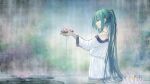  1girl aqua_eyes bangs bare_shoulders closed_mouth commentary_request cowboy_shot dress eyebrows_visible_through_hair flower green_hair hatsune_miku highres holding holding_flower lily_pad long_hair long_sleeves lotus sentou_kouhei_kitsune solo spaghetti_strap standing twintails very_long_hair vocaloid water white_dress 