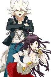  1boy 1girl banana bangs black_jacket breasts brown_eyes chain collarbone cosplay crossed_arms danganronpa_(series) danganronpa_2:_goodbye_despair dosugon eating food fruit green_pants jacket komaeda_nagito large_breasts leaning_forward looking_at_viewer messy_hair mole mole_under_eye nidai_nekomaru nidai_nekomaru_(cosplay) one_eye_closed open_clothes open_jacket owari_akane owari_akane_(cosplay) pants pleated_skirt red_skirt shirt short_sleeves simple_background skirt tsumiki_mikan white_background white_shirt 