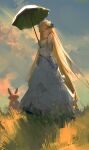  1girl absurdly_long_hair absurdres arknights bangs bare_shoulders blonde_hair blue_eyes blue_sky breasts chinese_commentary clouds commentary_request day dress eyebrows_visible_through_hair gloves grass hair_between_eyes head_tilt highres holding holding_umbrella horns large_breasts long_hair looking_at_viewer off-shoulder_dress off_shoulder outdoors qiumoyixing rabbit saileach_(appreciate_fragrance)_(arknights) saileach_(arknights) sky smile solo standing umbrella very_long_hair white_dress white_gloves 