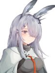 1girl absurdres animal_ear_fluff animal_ears arknights blush breasts coat ear_ornament frostnova_(arknights) frown grey_eyes grey_hair grey_shirt hachi_(hachi_ik0) hair_ornament hair_over_one_eye hairclip highres looking_at_viewer necktie orange_necktie rabbit_ears scar scar_on_face scar_on_nose shirt simple_background small_breasts solo upper_body white_background white_coat 