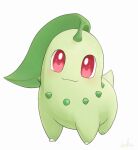  chikorita closed_mouth commentary_request full_body highres looking_at_viewer no_humans pokemon pokemon_(creature) red_eyes reka_(reka730) simple_background smile solo standing white_background 