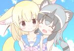  2girls :d ^_^ animal_ear_fluff animal_ears bangs bare_shoulders black_eyes black_hair blonde_hair blue_sailor_collar blue_sky blush closed_eyes closed_mouth clouds collarbone commentary_request common_raccoon_(kemono_friends) day dress eyebrows_visible_through_hair fang fennec_(kemono_friends) fox_ears fox_girl fox_tail grey_hair hair_between_eyes kemono_friends multicolored_hair multiple_girls outdoors raccoon_ears raccoon_girl raccoon_tail ribbon_trim sailor_collar sailor_dress sky sleeveless sleeveless_dress smile sunanuko_(ramuneko) tail two-tone_hair upper_body white_dress white_hair 