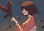  1girl a-z_(alphaomega) bird black_hair brown_eyes crow feathers gradient gradient_background japanese_clothes kimono nonaka_haru outdoors short_hair simple_background solo upper_body yesterday_wo_utatte 