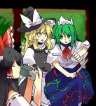  3girls apron bangs black_hair black_headwear black_skirt black_vest blonde_hair blouse blue_sailor_collar blue_skirt blunt_bangs bow buttons closed_eyes commentary_request cup drinking frilled_apron frilled_hairband frills ghost_tail green_eyes green_hair hair_bow hairband hakurei_reimu hat hat_bow highres holding holding_knife kaigen_1025 kirisame_marisa knife long_hair long_sleeves mima_(touhou) multiple_girls neckerchief open_mouth puffy_short_sleeves puffy_sleeves red_bow red_neckerchief red_vest sailor_collar school_uniform serafuku shirt short_sleeves skirt sweatdrop touhou touhou_(pc-98) turtleneck vest waist_apron white_apron white_blouse white_bow white_headwear white_shirt white_skirt wide_sleeves witch_hat wizard_hat yellow_eyes 