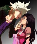  1boy 1girl apron bandages bangs blush brown_hair collarbone danganronpa_(series) danganronpa_2:_goodbye_despair dosugon gradient gradient_background green_jacket grey_hair hand_on_another&#039;s_chin jacket komaeda_nagito long_hair looking_at_another messy_hair mole mole_under_eye open_clothes open_jacket open_mouth pink_shirt print_shirt shirt sweat teeth tsumiki_mikan upper_body upper_teeth white_shirt 