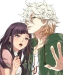  1boy 1girl bangs breast_pocket brown_hair collarbone danganronpa_(series) danganronpa_2:_goodbye_despair dosugon eyebrows_visible_through_hair green_jacket grey_background hair_between_eyes hood hood_down jacket komaeda_nagito long_hair mole mole_under_eye multicolored_hair open_clothes open_jacket pink_shirt pocket print_shirt puffy_short_sleeves puffy_sleeves shirt short_sleeves simple_background smile teeth tongue tsumiki_mikan two-tone_hair upper_teeth 