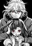  1boy 1girl bandaged_arm bandages bangs black_background closed_mouth danganronpa_(series) danganronpa_2:_goodbye_despair dosugon finger_in_mouth hair_between_eyes hand_in_another&#039;s_hair hands_up jacket komaeda_nagito long_hair long_sleeves looking_at_viewer medium_hair red_eyes simple_background spot_color tsumiki_mikan upper_body 