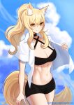  &gt;:) 1girl alternate_costume animal_ear_fluff animal_ears arknights bangs black_choker black_skirt blonde_hair blue_sky choker clouds commentary cowboy_shot criss-cross_halter crop_top day hair_between_eyes halterneck highres large_tail long_hair looking_at_viewer midriff miniskirt navel nearl_(arknights) open_clothes open_shirt outdoors pencil_skirt ponytail shirt short_sleeves sidelocks skirt sky smile solo standing stomach supershrimpcakes tail v-shaped_eyebrows white_shirt yellow_eyes 