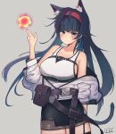  1girl :3 absurdres animal_ears arknights arm_behind_back bare_shoulders black_hair black_legwear black_skirt blaze_(arknights) blush breasts cat_ears cat_girl cat_tail collarbone cowboy_shot eyebrows_visible_through_hair fire garter_straps grey_background hairband hand_up highres jacket l_eri large_breasts long_hair looking_at_viewer off_shoulder open_clothes open_jacket originium_arts_(arknights) red_hairband shirt simple_background skirt smile solo split_mouth tail thigh-highs violet_eyes white_shirt 