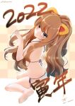  1girl 2022 aisaka_taiga animal_ears bangs bikini brown_eyes brown_hair chinese_zodiac closed_mouth commentary_request dated from_side hands_up highres light_blush long_hair looking_at_viewer looking_back mimeowho multicolored_background panties sitting solo swimsuit tiger_ears toradora! translation_request twitter_username underwear white_background white_bikini white_panties year_of_the_tiger 