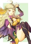  1girl ahoge armpits ass asymmetrical_bangs atoatto bangs blonde_hair bodystocking breast_cutout breasts bridal_gauntlets cape fire_emblem fire_emblem_fates fire_emblem_heroes grey_eyes long_hair looking_at_viewer medium_breasts official_alternate_costume open_mouth ophelia_(fire_emblem) sketch thighs turtleneck 