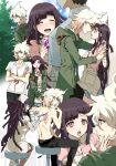  1girl 2boys :d apron bandaged_leg bandages bangs belt black_belt black_pants blush brown_pants danganronpa_(series) danganronpa_2:_goodbye_despair dosugon green_jacket grey_hair hat heart highres hinata_hajime jacket kabedon komaeda_nagito leg_between_thighs looking_back mole mole_under_eye multiple_boys nurse nurse_cap pants pink_shirt shirt short_sleeves sitting smile sweat tearing_up teeth tongue tongue_out topless_male tsumiki_mikan upper_teeth usami_(danganronpa) 