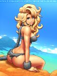  1girl aqua_eyes artist_name ass ayla_(chrono_trigger) bare_shoulders blonde_hair blue_background blue_sky breasts butt_crack caveman chrono_trigger clouds cloudy_sky commentary covered_nipples day english_commentary grin horizon lips long_hair looking_at_viewer looking_back medium_breasts nose ocean outdoors reward_available ronindude sitting sky smile solo water web_address 