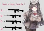  1girl :t absurdres anger_vein ascot ass battle_rifle beige_coat belt belt_buckle blue_eyes blush bow bowtie breasts brooch brown_hair brown_legwear buckle cabbie_hat coat cowboy_shot drill_hair drill_locks english_text explosive eyelashes fn_fal frown girls_frontline gloves grenade grey_background gun h&amp;k_g3a3 hand_on_hip hat hat_bow highres howa_type_64 howa_type_64_(a_job_that_doesn&#039;t_suit_her)_(girls&#039;_frontline) howa_type_64_(girls&#039;_frontline) huge_breasts jewelry leaning_forward long_hair look-alike looking_at_viewer m18_grenade martinreaction official_alternate_costume pantyhose quiz rifle sidelocks sig_510 silhouette simple_background solo strap trench_coat very_long_hair weapon white_bow 