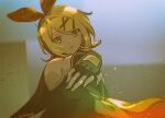  1girl bangs blonde_hair blue_eyes blurry blurry_background bow chromatic_aberration hair_bow hair_ornament hairclip haun headphones kagamine_rin looking_to_the_side nail_polish neckerchief outdoors outstretched_hand parted_lips sailor_collar short_hair solo swept_bangs upper_body vocaloid wind yellow_nails 
