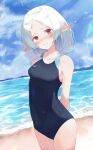  1girl arms_behind_back beach blue_swimsuit commentary_request competition_school_swimsuit elf looking_at_viewer medium_hair mushoku_tensei nakami_cheese ocean pointy_ears red_eyes school_swimsuit smile solo standing swimsuit sylphiette_(mushoku_tensei) white_hair 