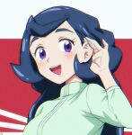  1girl :d bangs black_hair blush chrysa_(pokemon) commentary_request eyelashes green_shirt hair_behind_ear hand_up long_hair looking_at_viewer matsuno_opa open_mouth pokemon pokemon_(anime) pokemon_swsh_(anime) shirt smile solo teeth tongue two-tone_background upper_body upper_teeth violet_eyes 