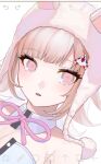  1girl :o bangs blunt_bangs brown_hair danganronpa_(series) danganronpa_2:_goodbye_despair detached_collar eyebrows_visible_through_hair galaga hair_ornament highres hood hood_up leotard medium_hair nanami_chiaki neck_ribbon official_alternate_costume pink_eyes pink_ribbon playboy_bunny ribbon solo u7_(aeoiuq) 