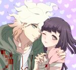  1boy 1girl apron bandaged_arm bandages bangs black_hair brown_hair collarbone danganronpa_(series) danganronpa_2:_goodbye_despair dosugon green_jacket heart hetero holding_hands hood hood_down hooded_jacket jacket komaeda_nagito multicolored_hair one_eye_closed pink_background pink_shirt print_shirt puffy_short_sleeves puffy_sleeves shirt short_sleeves smile tsumiki_mikan two-tone_hair white_hair white_shirt 