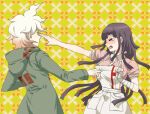  1boy 1girl apron bandaged_arm bandages bangs black_hair blush breast_poke breasts closed_eyes danganronpa_(series) danganronpa_2:_goodbye_despair dosugon eye_poke green_jacket hood hood_down hooded_jacket jacket komaeda_nagito large_breasts long_hair long_sleeves open_mouth pink_shirt poking shirt short_sleeves tsumiki_mikan white_apron yellow_background 