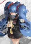  1girl @_@ bangs blue_eyes blue_hair blunt_bangs blush can cardigan eyebrows_visible_through_hair highres long_hair looking_at_viewer okbnkn original pleated_skirt scarf school_uniform skirt smile snowing solo tentacle_hair twintails very_long_hair 