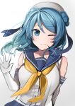  1girl blue_eyes blue_hair blush closed_mouth elbow_gloves eyebrows_visible_through_hair gloves kantai_collection long_hair looking_at_viewer neckerchief one_eye_closed sketch smile solo upper_body urakaze_(kancolle) white_gloves yellow_neckerchief yunamaro 