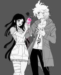  1boy 1girl :d apron bandaged_leg bandages bangs blood blush chain collarbone danganronpa_(series) danganronpa_2:_goodbye_despair dosugon flower grey_background hood hood_down jacket komaeda_nagito long_hair medium_hair miniskirt open_clothes open_jacket pants pink_blood pleated_skirt print_shirt rose shirt short_sleeves simple_background skirt smile spot_color teeth tsumiki_mikan upper_teeth 