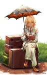  blonde_hair blue_eyes book briefcase brown_footwear business_suit coat formal highres holding holding_book hololive hololive_english loafers looking_at_viewer luggage red_tie shoes sitting suit umbrella virtual_youtuber watson_amelia white_coat white_suit 