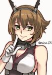  1girl breasts brown_hair flipped_hair green_eyes hairband headgear kantai_collection large_breasts looking_at_viewer makun_dx mutsu_(kancolle) one-hour_drawing_challenge radio_antenna short_hair simple_background sleeveless solo twitter_username white_background 