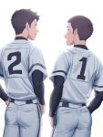  2boys ass baseball_jersey baseball_uniform brown_hair character_request clothes_writing copyright_request cowboy_shot from_behind highres looking_at_another male_focus multiple_boys open_mouth pants short_hair simple_background sportswear symbol-only_commentary tettabuzz uniform white_background white_pants 
