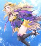  1girl ahoge asymmetrical_bangs bangs blonde_hair blue_background bodystocking breasts bridal_gauntlets cape closed_mouth covered_navel ebi_puri_(ebi-ebi) fire_emblem fire_emblem_fates fire_emblem_heroes grey_eyes high_heels kneehighs long_hair looking_at_viewer medium_breasts official_alternate_costume ophelia_(fire_emblem) pantyhose plant shiny simple_background smile solo sparkle thighs toeless_footwear toeless_legwear upper_body vines 