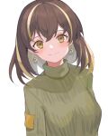  1girl arknights bangs blush brown_hair closed_mouth earrings elite_ii_(arknights) grey_hair highres jewelry magallan_(arknights) multicolored_hair short_hair simple_background solo streaked_hair sweater touchika turtleneck turtleneck_sweater white_background yellow_eyes 