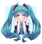  1girl :3 ahoge arm_tattoo bangs black_sleeves blue_background blue_eyes blue_hair border closed_mouth collared_shirt cropped_torso detached_sleeves eyebrows_visible_through_hair floating_hair grey_shirt hair_between_eyes hair_ornament hatsune_miku head_rest long_hair long_sleeves outside_border shiny shiny_hair shirt sleeveless sleeveless_shirt smile solo tattoo teo_(teorekka) twintails upper_body very_long_hair vocaloid white_border wing_collar 
