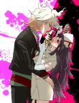  1boy 1girl bangs black_background black_hair black_jacket black_pants chain collar danganronpa_(series) danganronpa_another_episode:_ultra_despair_girls dosugon eyebrows_visible_through_hair food from_side hat ice_cream ice_cream_cone jacket komaeda_nagito long_hair long_sleeves looking_at_another metal_collar mole mole_under_eye nurse nurse_cap pants pink_background red_eyes servant_(danganronpa) shirt teeth tongue tongue_out upper_teeth white_background 