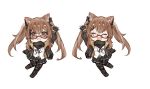  1girl animal_ear_fluff animal_ears arm_up bangs black_footwear black_gloves black_legwear black_ribbon blush brown_hair closed_eyes commentary_request eyebrows_visible_through_hair fingerless_gloves full_body girls_frontline glasses gloves hair_between_eyes hair_ornament highres jacket long_hair looking_at_viewer multiple_views open_mouth pantyhose qiujiao ribbon scar scar_across_eye scar_on_face shirt simple_background skirt smile standing twintails ump9_(girls&#039;_frontline) white_background white_shirt 
