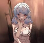  1boy 1girl absurdres blurry blurry_background bra breasts eyebrows_visible_through_hair girls_frontline hair_down highres large_breasts long_hair male_hand mkhaggar red_eyes silver_hair solo_focus spas-12_(girls&#039;_frontline) underwear white_bra 