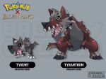  bromojumbo collar copyright_name crossover elden_ring fusion grey_background highres looking_at_viewer no_humans pokemon pokemon_(creature) spiked_collar spikes twitter_username tyrantrum tyrunt 