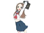  1girl arms_up bag highres looking_at_viewer midriff_peek sailor_collar sailor_shirt school_uniform shirt skirt takagi-san 
