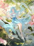  1girl absurdres bare_shoulders blue_dress blue_hair cherry_blossoms douluo_dalu dress grass hair_ornament high_heels highres in_tree long_hair sitting sitting_in_tree tang_wutong_(douluo_dalu) tang_wutong_tongren_she tree weibo_id 
