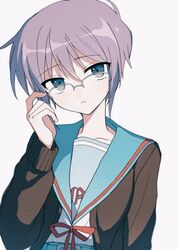  1girl adjusting_eyewear bangs belt blue_sailor_collar blue_skirt brown_cardigan brown_eyes cardigan commentary_request expressionless eyebrows_visible_through_hair glasses hair_between_eyes highres kita_high_school_uniform long_sleeves looking_at_viewer mochoeru nagato_yuki open_cardigan open_clothes purple_hair red_ribbon ribbon sailor_collar school_uniform serafuku short_hair simple_background skirt solo suzumiya_haruhi_no_yuuutsu upper_body white_background 