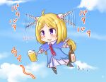  1girl ahoge aki_rosenthal bangs barley_tea blonde_hair blush bottle chibi clouds commentary_request cup detached_hair flapping flying highres holding holding_bottle holding_cup hololive motion_lines necktie open_mouth oyoneko sky smile solo thigh-highs violet_eyes virtual_youtuber 