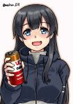  1girl agano_(kancolle) black_hair black_jacket can canned_coffee commentary_request green_eyes jacket kantai_collection long_hair looking_at_viewer makun_dx official_alternate_costume one-hour_drawing_challenge open_mouth simple_background smile solo twitter_username ucc_coffee white_background 