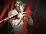  1boy artist_name blood blood_on_clothes blood_on_weapon blurry blurry_foreground cigarette facial_hair formal glasses grey_hair holding holding_sword holding_weapon jewelry long_sleeves male_focus mustache old old_man original redsakaone ring scar_on_hand solo standing stubble suit sword weapon white_suit 