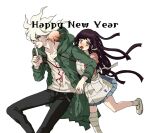  1boy 1girl apron bangs black_hair black_pants blush breasts chain collarbone danganronpa_(series) danganronpa_2:_goodbye_despair dosugon green_jacket green_skirt grey_background hand_up happy_new_year hetero holding_hands jacket komaeda_nagito long_hair long_sleeves medium_breasts mole mole_under_eye open_mouth pants pink_shirt shirt shoes simple_background skirt smile teeth tsumiki_mikan upper_teeth 