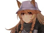  1girl animal_ears arknights bangs braid brown_eyes brown_hair ceobe_(arknights) ceobe_(unfettered)_(arknights) commentary_request dog_ears ears_through_headwear hachi_(hachi_ik0) hair_between_eyes long_hair looking_at_viewer parted_lips simple_background solo twin_braids upper_body white_background white_headwear 