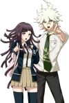  1boy 1girl :o backpack bag bangs black_pants black_shirt breast_pocket breasts brown_hair brown_skirt collared_shirt cosplay cowboy_shot danganronpa_(series) danganronpa_2:_goodbye_despair dosugon dress_shirt green_necktie hinata_hajime hinata_hajime_(cosplay) hood hood_down komaeda_nagito large_breasts long_hair medium_hair miniskirt mole mole_under_eye nanami_chiaki nanami_chiaki_(cosplay) neck_ribbon necktie pants pink_ribbon pleated_skirt pocket pointing pointing_at_viewer ribbon shirt short_sleeves simple_background skirt teeth thigh-highs tsumiki_mikan upper_teeth white_background white_shirt zettai_ryouiki 