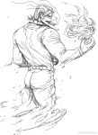 1boy absurdres ass cigar crocodile_(one_piece) from_behind frown greyscale hair_strand highres hook_hand looking_at_viewer male_focus mature_male monochrome muscular muscular_male one_piece pants sand shirt sketch smoking solo ye_(ye79132751)